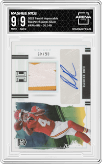 Rashee Rice from the 2023 Panini Impeccable set featuring a Silver parallel graded by Arena Club and given an overall grade of 9.
