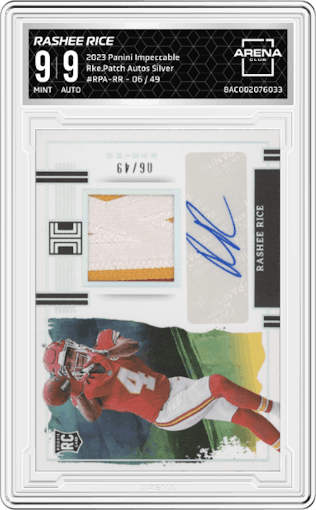 Rashee Rice from the 2023 Panini Impeccable set featuring a Silver parallel graded by Arena Club and given an overall grade of 9.
