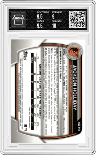 Jackson Holliday from the 2023 Bowman Draft set featuring a Purple Refractor parallel graded by Arena Club and given an overall grade of 9.5.