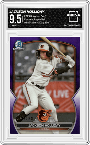 Jackson Holliday from the 2023 Bowman Draft set featuring a Purple Refractor parallel graded by Arena Club and given an overall grade of 9.5.