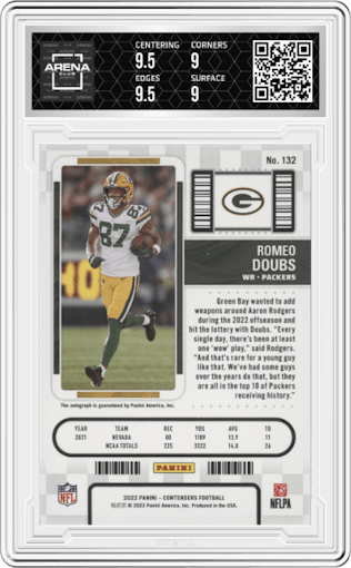 Romeo Doubs from the 2022 Panini Contenders set featuring a Playoff Ticket parallel graded by Arena Club and given an overall grade of 9.5.