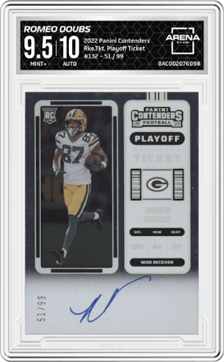 Romeo Doubs from the 2022 Panini Contenders set featuring a Playoff Ticket parallel graded by Arena Club and given an overall grade of 9.5.
