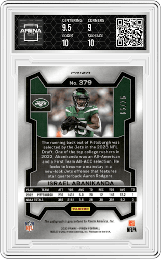 Israel Abanikanda from the 2023 Panini Prizm set featuring a Green Scope parallel graded by Arena Club and given an overall grade of 9.5.