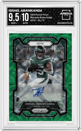 Israel Abanikanda from the 2023 Panini Prizm set featuring a Green Scope parallel graded by Arena Club and given an overall grade of 9.5.