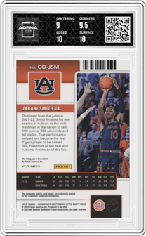 Jabari Smith Jr. from the 2022-23 Panini Chronicles Draft Picks set featuring a Cracked Ice parallel graded by Arena Club and given an overall grade of 9.5.
