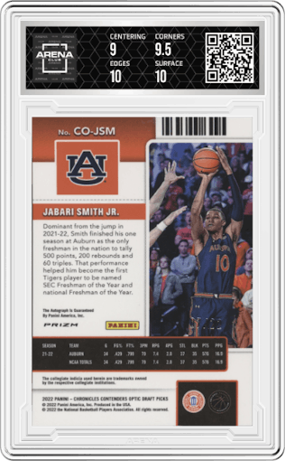 Jabari Smith Jr. from the 2022-23 Panini Chronicles Draft Picks set featuring a Cracked Ice parallel graded by Arena Club and given an overall grade of 9.5.