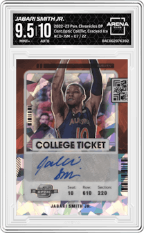 Jabari Smith Jr. from the 2022-23 Panini Chronicles Draft Picks set featuring a Cracked Ice parallel graded by Arena Club and given an overall grade of 9.5.