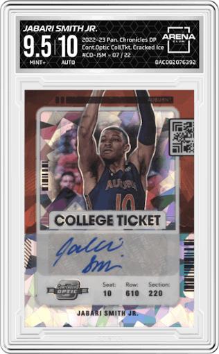 Jabari Smith Jr. from the 2022-23 Panini Chronicles Draft Picks set featuring a Cracked Ice parallel graded by Arena Club and given an overall grade of 9.5.