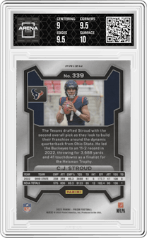 C.J. Stroud from the 2023 Panini Prizm set featuring a Neon Green Pulsar parallel graded by Arena Club and given an overall grade of 9.5.