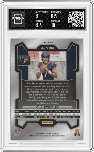 C.J. Stroud from the 2023 Panini Prizm set featuring a Neon Green Pulsar parallel graded by Arena Club and given an overall grade of 9.5.