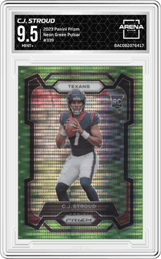 C.J. Stroud from the 2023 Panini Prizm set featuring a Neon Green Pulsar parallel graded by Arena Club and given an overall grade of 9.5.