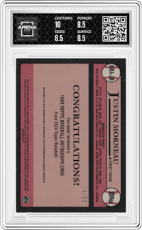 Justin Morneau from the 2024 Topps  set featuring a Gold parallel graded by Arena Club and given an overall grade of 9.