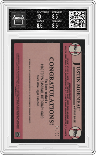 Justin Morneau from the 2024 Topps  set featuring a Gold parallel graded by Arena Club and given an overall grade of 9.