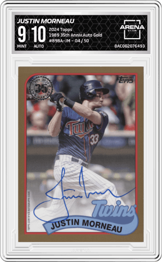 Justin Morneau from the 2024 Topps  set featuring a Gold parallel graded by Arena Club and given an overall grade of 9.