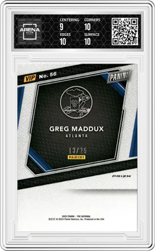 Greg Maddux from the 2023 Panini The National VIP set featuring a Blue/Yellow/Green  parallel graded by Arena Club and given an overall grade of 9.5.
