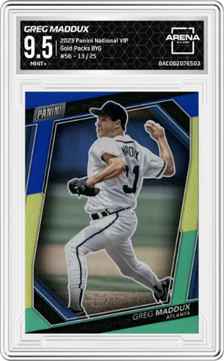 Greg Maddux from the 2023 Panini The National VIP set featuring a Blue/Yellow/Green  parallel graded by Arena Club and given an overall grade of 9.5.