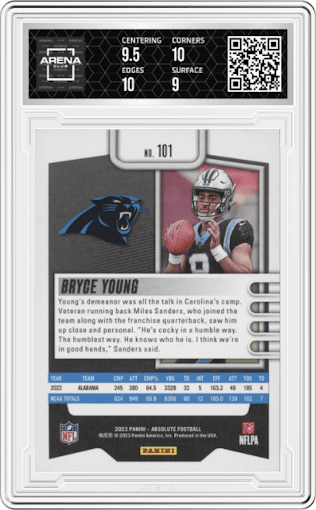 Bryce Young from the 2023 Panini Absolute set featuring a Green parallel graded by Arena Club and given an overall grade of 9.5.