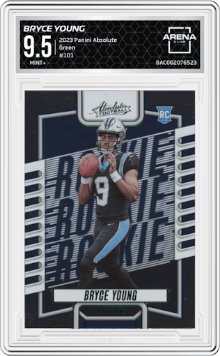 Bryce Young from the 2023 Panini Absolute set featuring a Green parallel graded by Arena Club and given an overall grade of 9.5.