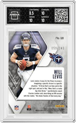 Will Levis from the 2023 Panini Phoenix set featuring a Fire Burst parallel graded by Arena Club and given an overall grade of 9.