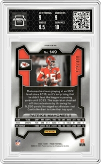 Patrick Mahomes II from the 2023 Panini Prizm set featuring a Pandora parallel graded by Arena Club and given an overall grade of 9.5.