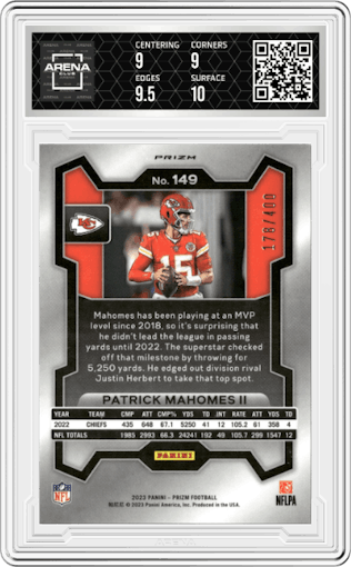 Patrick Mahomes II from the 2023 Panini Prizm set featuring a Pandora parallel graded by Arena Club and given an overall grade of 9.5.