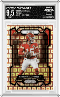 Patrick Mahomes II from the 2023 Panini Prizm set featuring a Pandora parallel graded by Arena Club and given an overall grade of 9.5.