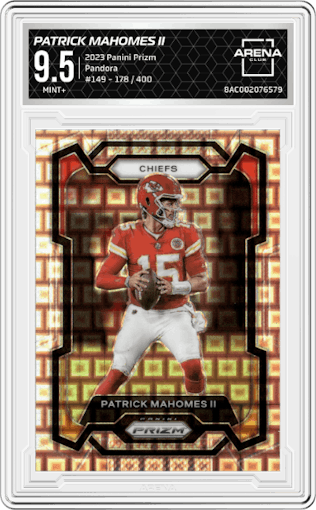 Patrick Mahomes II from the 2023 Panini Prizm set featuring a Pandora parallel graded by Arena Club and given an overall grade of 9.5.
