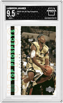 LeBron James from the 2003-04 Upper Deck Top Prospects  set graded by Arena Club and given an overall grade of 9.5.