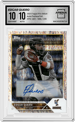 Edgar Quero from the 2023 Topps Pro Debut set featuring a Fuchsia Foil parallel graded by Arena Club and given an overall grade of 10.