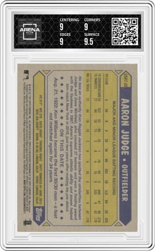 Aaron Judge from the 2017 Topps Update set graded by Arena Club and given an overall grade of 9.