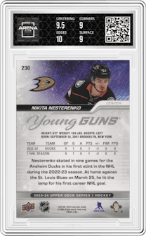 Nikita Nesterenko from the 2023-24 Upper Deck Series 1 set featuring a Outburst Silver parallel graded by Arena Club and given an overall grade of 9.5.