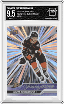 Nikita Nesterenko from the 2023-24 Upper Deck Series 1 set featuring a Outburst Silver parallel graded by Arena Club and given an overall grade of 9.5.