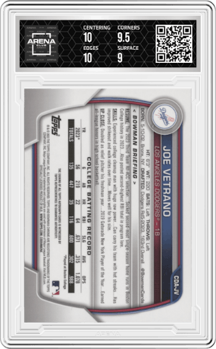 Joe Vetrano from the 2023 Bowman Draft set graded by Arena Club and given an overall grade of 9.5.