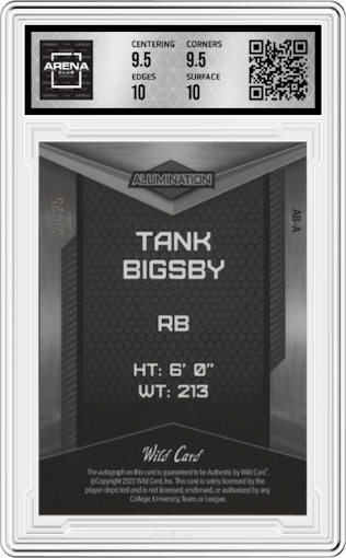 Tank Bigsby from the 2023 Wild Card Alumination set featuring a Red Crystal Holo parallel graded by Arena Club and given an overall grade of 10.