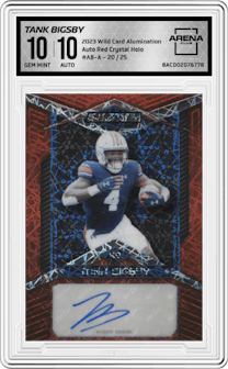 Tank Bigsby from the 2023 Wild Card Alumination set featuring a Red Crystal Holo parallel graded by Arena Club and given an overall grade of 10.