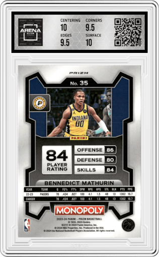 Bennedict Mathurin from the 2023-24 Panini Prizm Monopoly set featuring a Dice parallel graded by Arena Club and given an overall grade of 10.