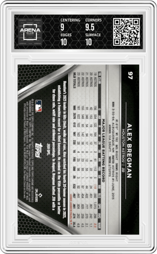Alex Bregman from the  2024 Topps Chrome Black set featuring a Green Wave Refractor parallel graded by Arena Club and given an overall grade of 9.5.