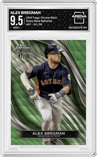Alex Bregman from the  2024 Topps Chrome Black set featuring a Green Wave Refractor parallel graded by Arena Club and given an overall grade of 9.5.