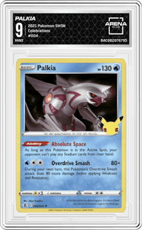 Palkia from the 2021 Pokemon SWSH set graded by Arena Club and given an overall grade of 9.