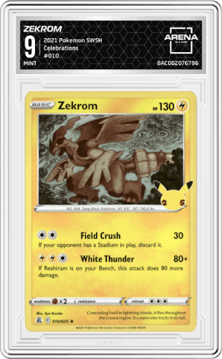 Zekrom from the 2021 Pokemon SWSH set graded by Arena Club and given an overall grade of 9.