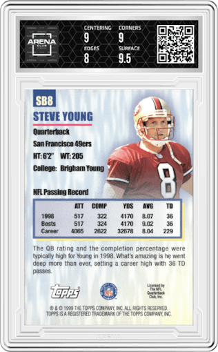 Steve Young from the 1999 Topps set graded by Arena Club and given an overall grade of 8.5.