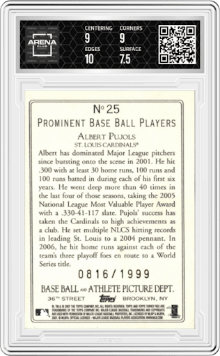 Albert Pujols from the 2007 Topps Turkey Red set graded by Arena Club and given an overall grade of 8.