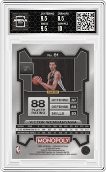 Victor Wembanyama from the 2023-24 Panini Prizm Monopoly set graded by Arena Club and given an overall grade of 9.
