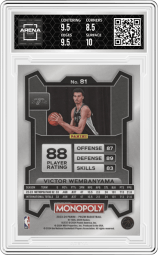Victor Wembanyama from the 2023-24 Panini Prizm Monopoly set graded by Arena Club and given an overall grade of 9.