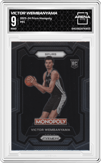 Victor Wembanyama from the 2023-24 Panini Prizm Monopoly set graded by Arena Club and given an overall grade of 9.