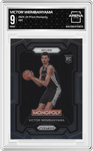 Victor Wembanyama from the 2023-24 Panini Prizm Monopoly set graded by Arena Club and given an overall grade of 9.