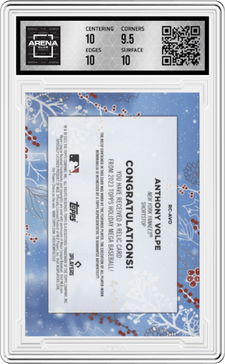 Anthony Volpe from the 2023 Topps Holiday set graded by Arena Club and given an overall grade of 10.