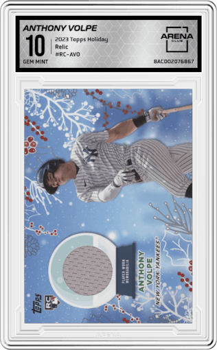 Anthony Volpe from the 2023 Topps Holiday set graded by Arena Club and given an overall grade of 10.