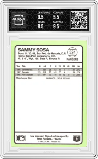 Sammy Sosa from the 1989 Donruss Baseball's Best set graded by Arena Club and given an overall grade of 6.