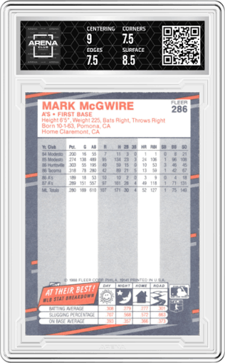 Mark McGwire from the 1988 Fleer set graded by Arena Club and given an overall grade of 8.